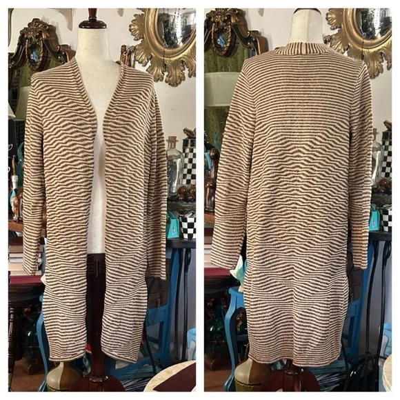 Gold Metallic & Cream Stripped Open Sweater Cardigan Duster - Picture 10 of 10